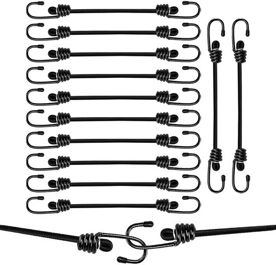 Set di 12 elastici con ganci, set di cinture di bagaglio 35cm espandibile, elastici duraturi, molteplici cinture di gomma, diverse misure universali, cinture di bagaglio con ganci