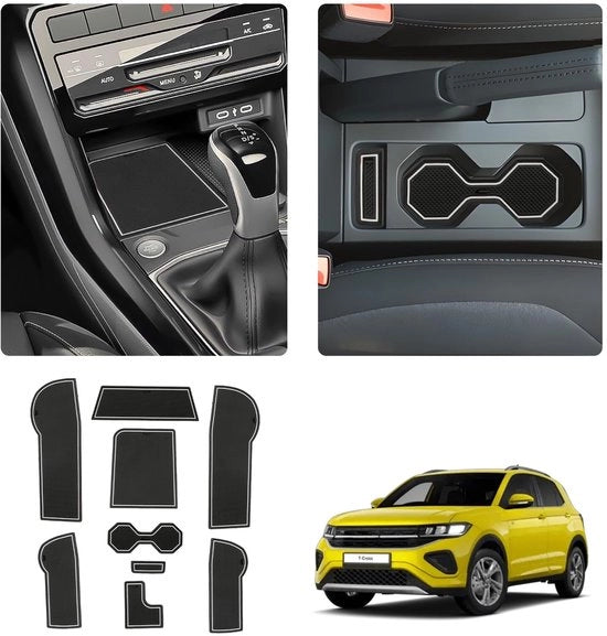 Accessori per VW T-Cross 2018-2024 2025 Scatola di stivaggio Antislipmatte in gomma Mattoncini antislip per console centrale Antislipmatte per tazza Accessori per VW T-Cross 2024 (Bianco)