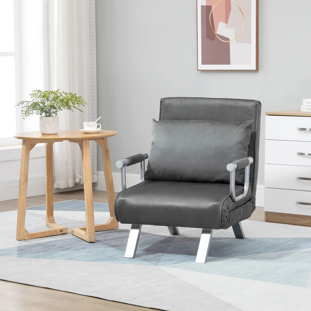 EasyComfort Poltrona Letto Singolo 3 in 1 con Schienale Reclinabile su 5 Livelli e Cuscino, Divano Letto Singolo Pieghevole per Soggiorno e Salotto in Pelle Scamosciata e Metallo, 65x69x80 cm, Grigio