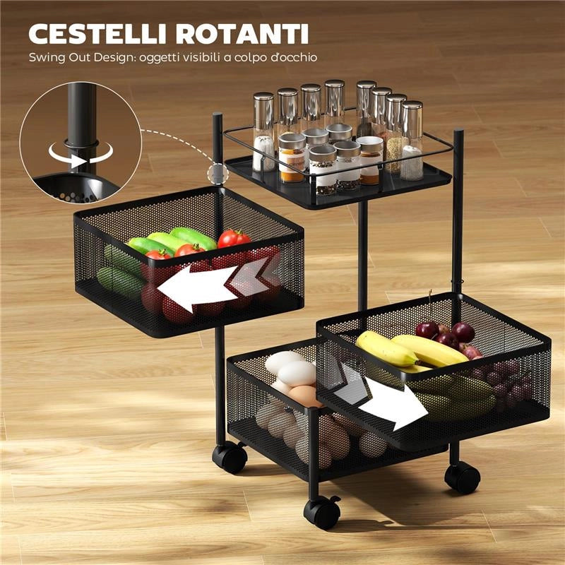 CARRELLO CUCINA A 3 LIVELLI CON CESTINI IN METALLO GIREVOLI, RUOTE E FRENO, 27.5X27.5X62 CM, NERO
