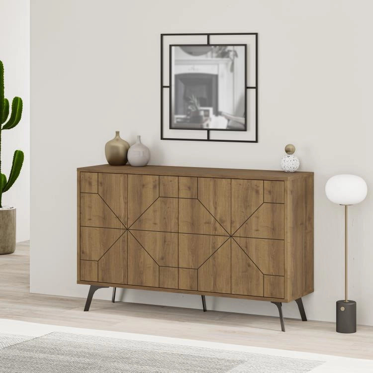 Madia Credenza Design Geometrico Moderno 123x77 cm con 4 Ante in Legno Rovere