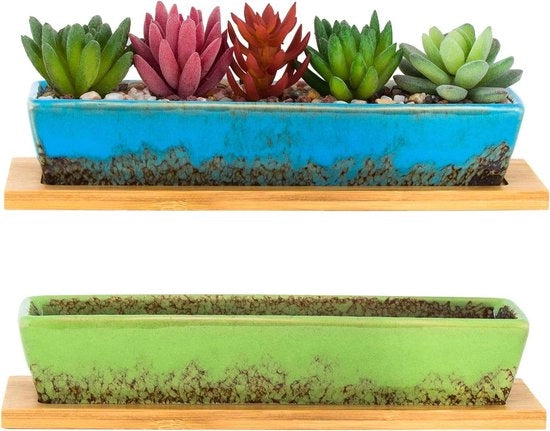 Set di contenitori per piante in ceramica da 2 - Mini vaso bonsai con drenaggio - vaso di bambù - vaso per cactus - contenitori rettangolari per piante da interni
