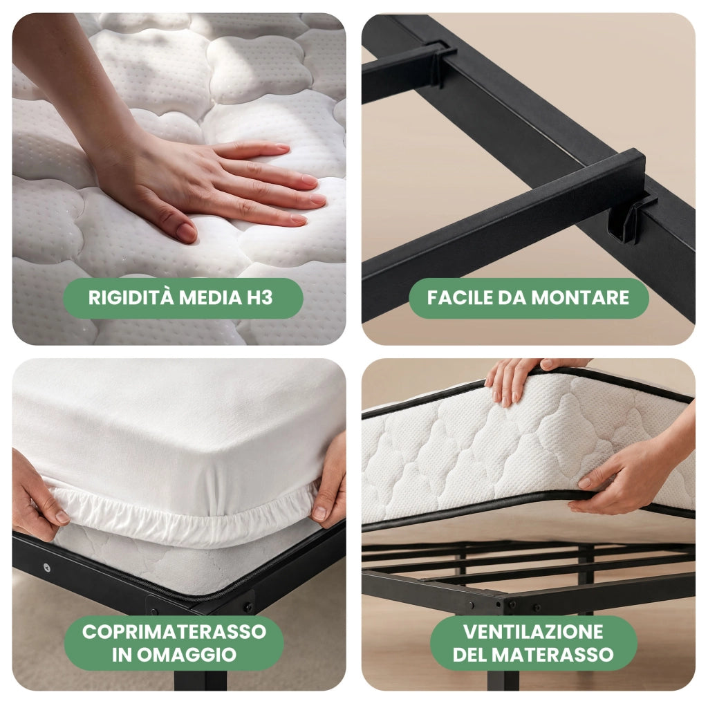 Struttura Letto Pieghevole in Metallo con Materasso Rete a Doghe 100x200 cm Nero Letto per Ospiti 6 Gambe 10 Doghe