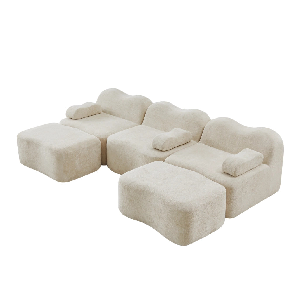 Divano modulare senza struttura in velluto beige con seduta profonda e moduli componibili