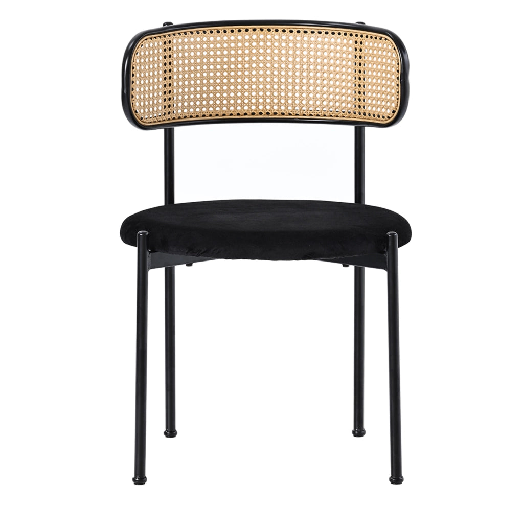 Set di 6 sedie da pranzo in velluto con schienale in rattan e gambe in metallo; nere