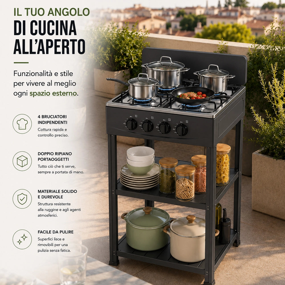 Cucina da Esterno con 4 Fuochi Nero Cucinotto da Campeggio in Ferro 49x49x79cm