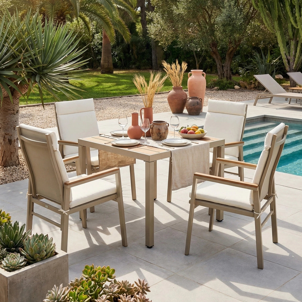 Sedia da esterno con braccioli in plastica effetto legno e seduta in Textilene; beige