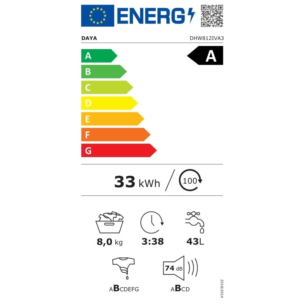 Lavatrice Daya DHW812IVA3 carica frontale 8 kg Inverter 1200 giri bianco classe A
