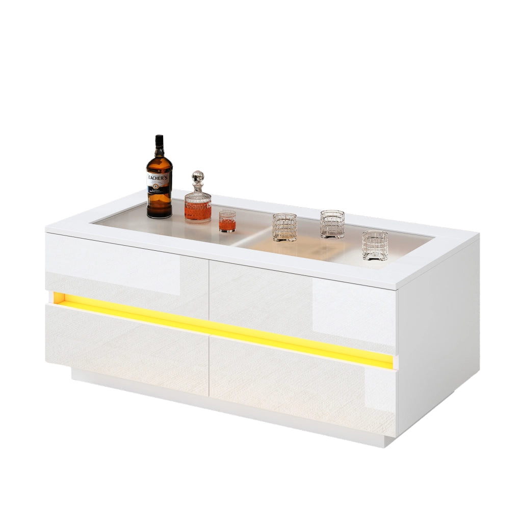 Tavolino da Salotto Bianco Moderno 100x50x40cm con 4 Cassetti e Luci LED