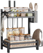 Rack a due piani in acciaio inossidabile per la cucina con contenitore per stuzzichini e holder per posizionare gli utensili - piastra di taglio multifunzionale con ganci 34x21x41cm nero matte