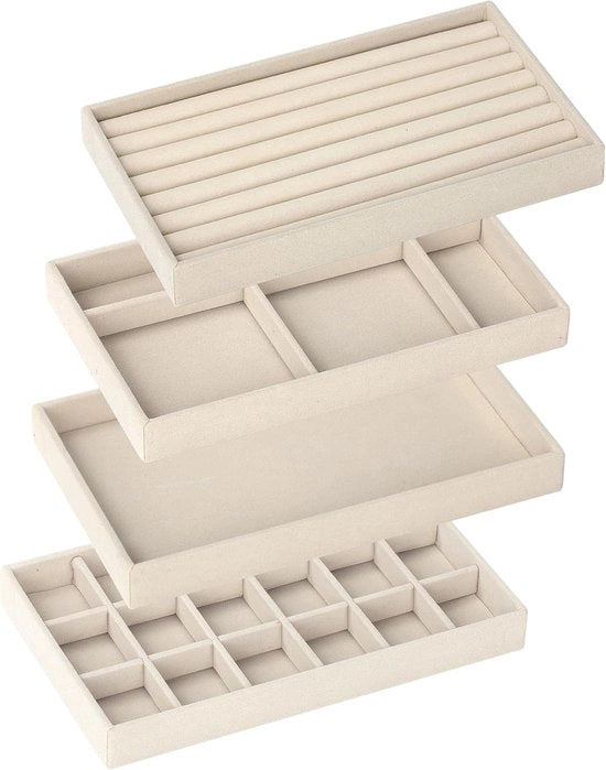 Cassa per gioielli, cassetta, organizzatore per gioielli, piastra per gioielli, ripiegabile, organizzatore per gioielli per gioielli, cassetta da inserire, sistema di archiviazione, orecchini, bracciali, anelli, 4 pezzi, beige