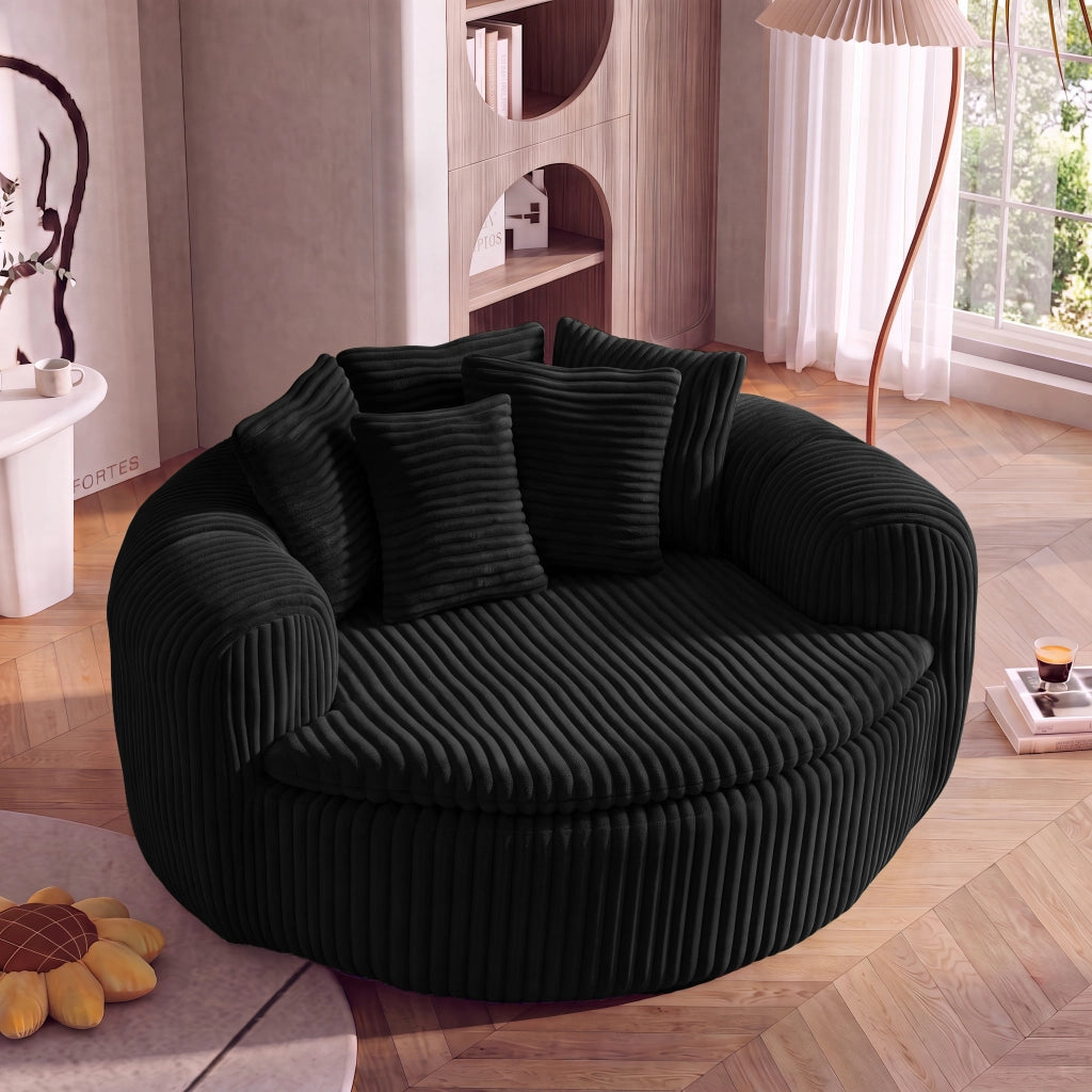 Poltrona lounge 145x133x59 cm con 5 cuscini in velluto a coste nero