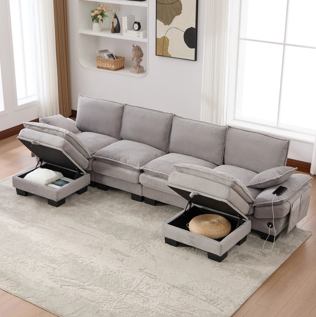 Divano modulare ULEVR 4 posti 330x132x84 cm con 2 pouf contenitore, USB-C e tasche laterali, grigio chiaro