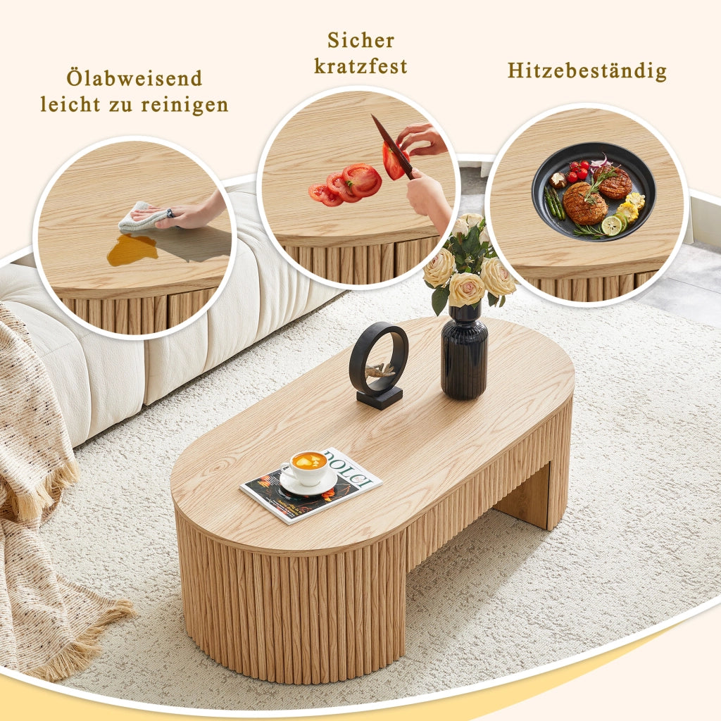 Tavolino basso ovale con cassetto e vano aperto frontali zigrinati in MDF effetto rovere chiaro per soggiorno 118 × 65 × 17 cm