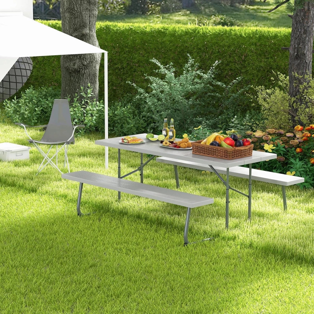 Set tavolo da picnic con panchine, set di mobili da giardino pieghevole per 8 persone con telaio in metallo piano in HDPE, 183 cm foro per ombrellone, grigio