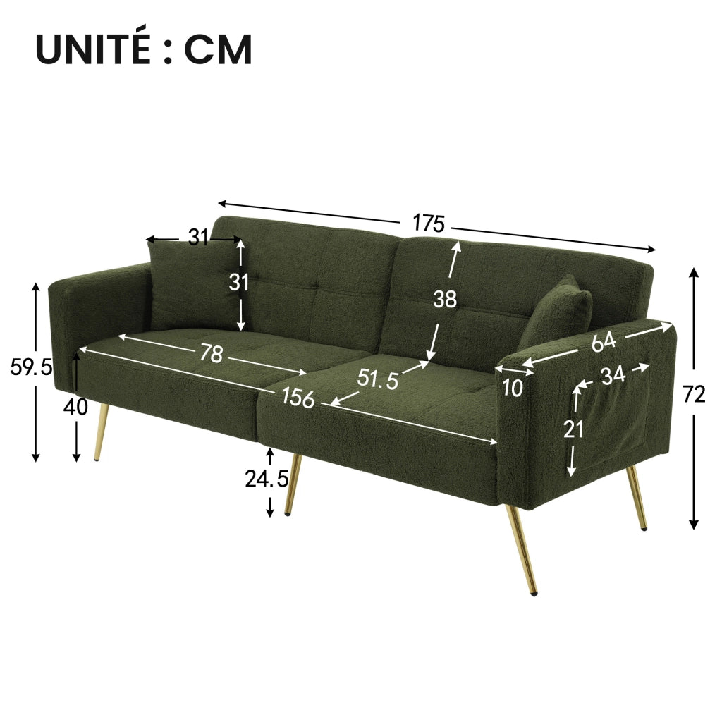 Divano Letto 2 Posti con Schienale Regolabile 105-180° e Tasche Laterali; Piedini Dorati in Tessuto Sherpa Verde Antico