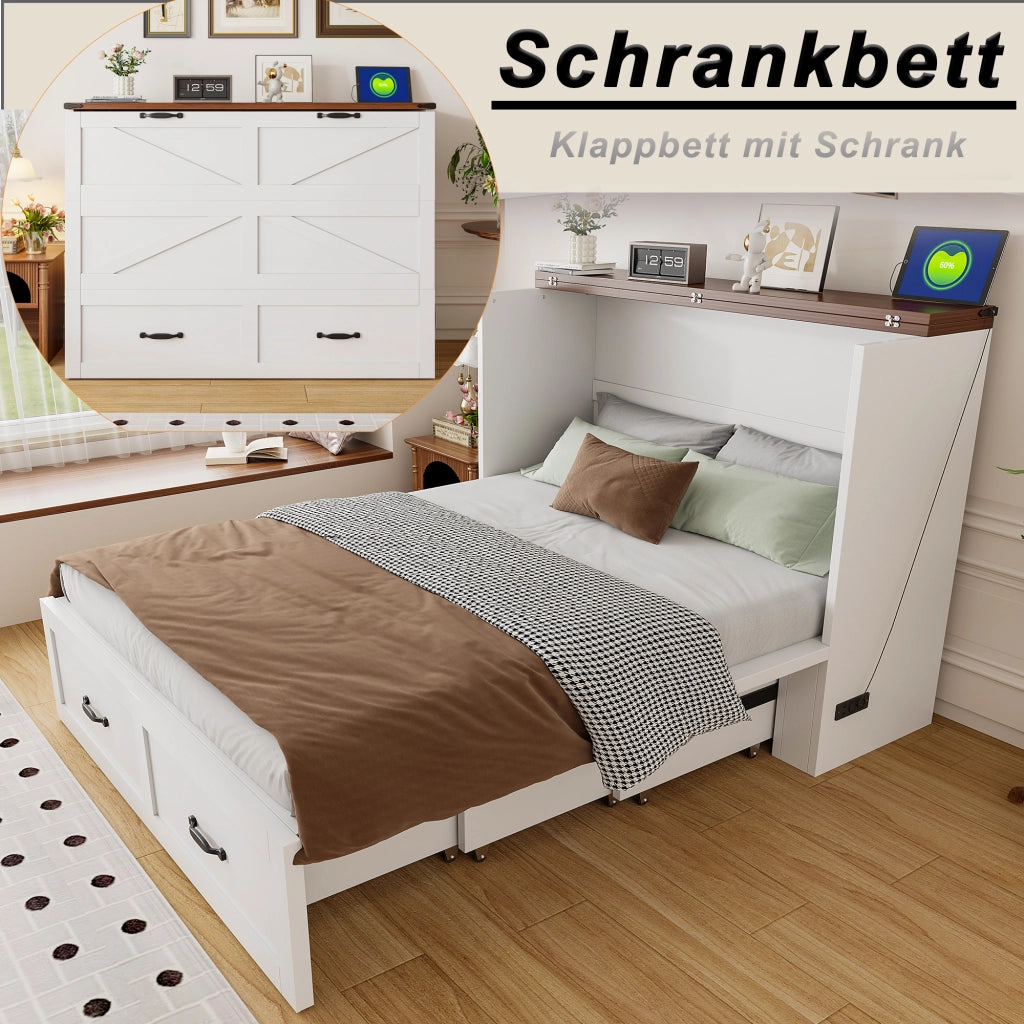 Letto a scomparsa 140x200 cm salvaspazio per 2 persone con presa UE; ruote silenziose e vano contenitore; metallo bianco