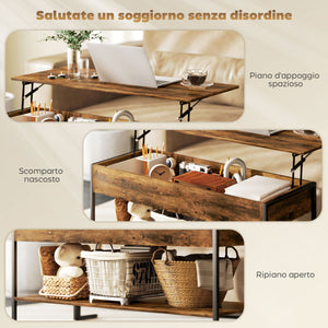 Tavolino da Caffè in Stile Industriale 95x40x46,5 cm con Vano Nascosto e Ripiano in Legno Marrone