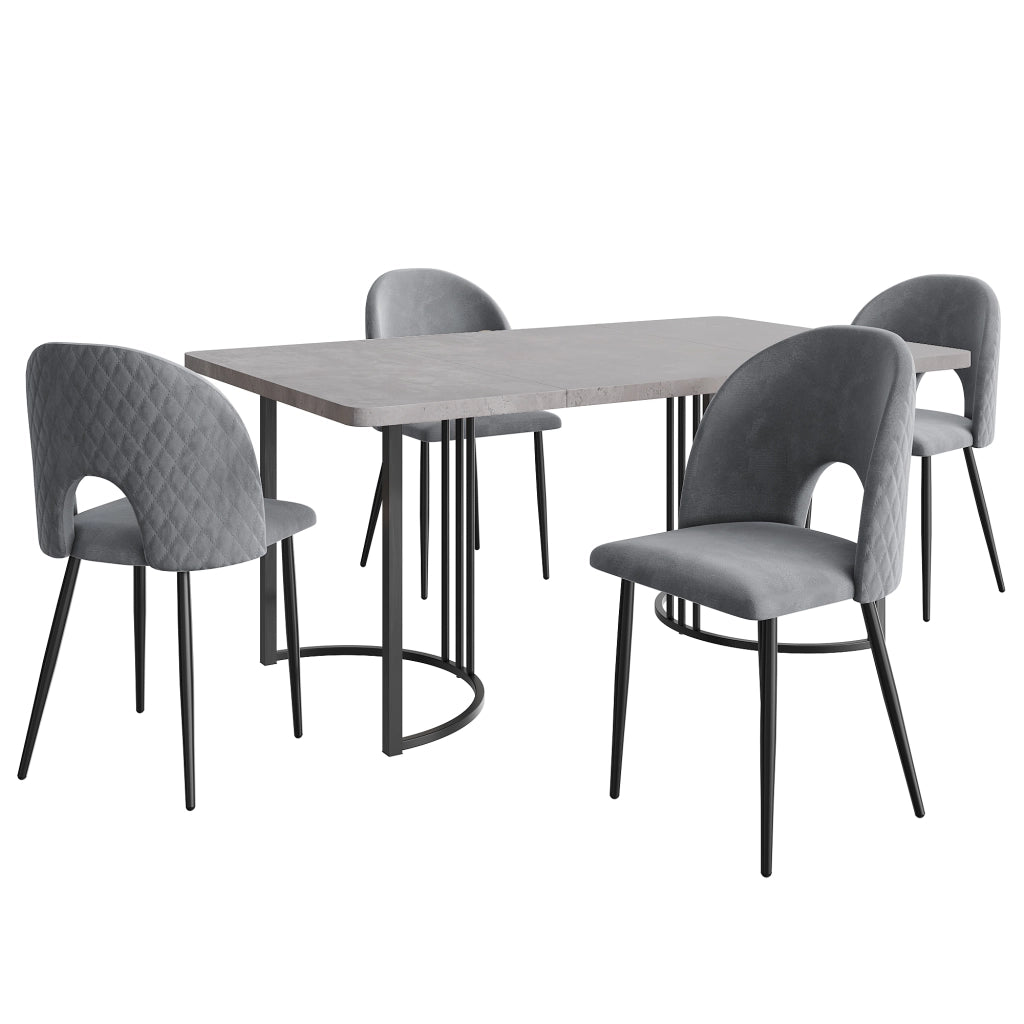 Tavolo da pranzo per 4 persone con 4 sedie, piano effetto marmo e gambe regolabili, grigio, 140 × 80 cm