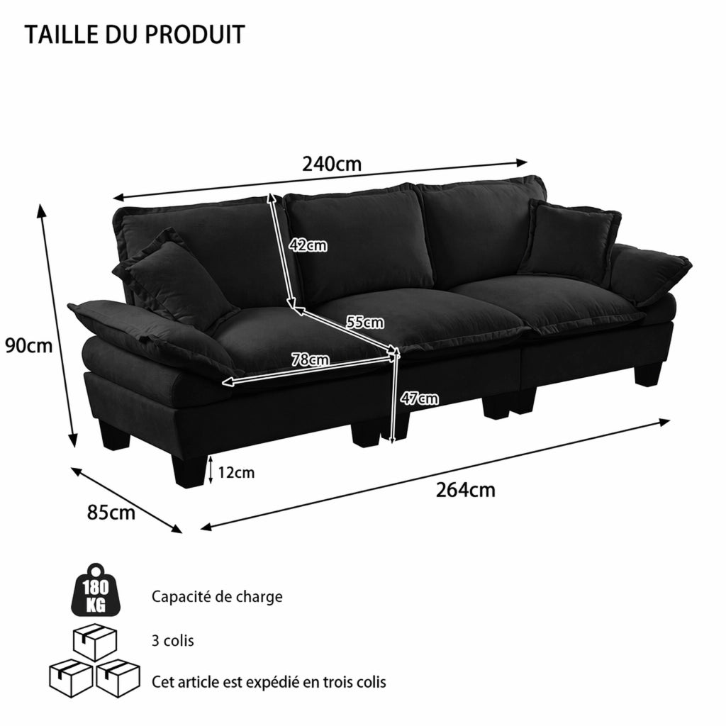Scaffale modulare con braccioli curvi in chenille nero per piccoli spazi e appartamenti 263 × 82 × 90 cm