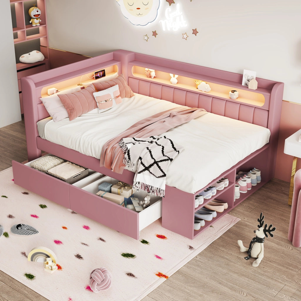 LETTO Poltrona 90x200 cm Rosa con USB, LED e 2 Cassetti