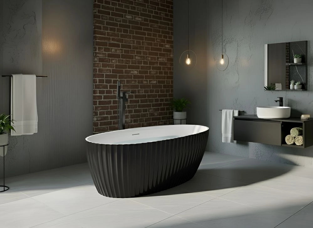 Vasca da bagno ovale moderna freestanding 170 x 78 cm in acrilico finitura scanalata nero lucido da bagno TEFE
