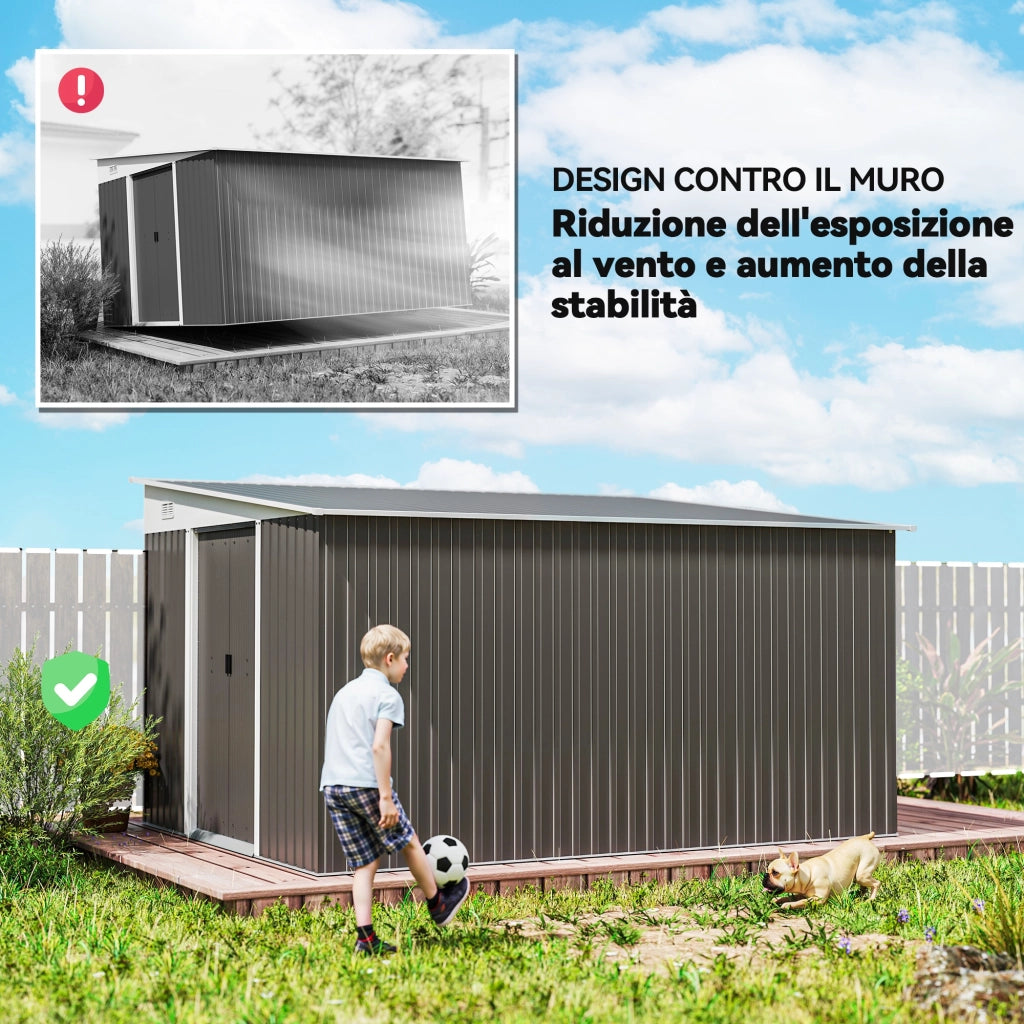 Casetta da Giardino con Porta Scorrevole. in Acciaio. 345x280.5x169-201cm. Grigio