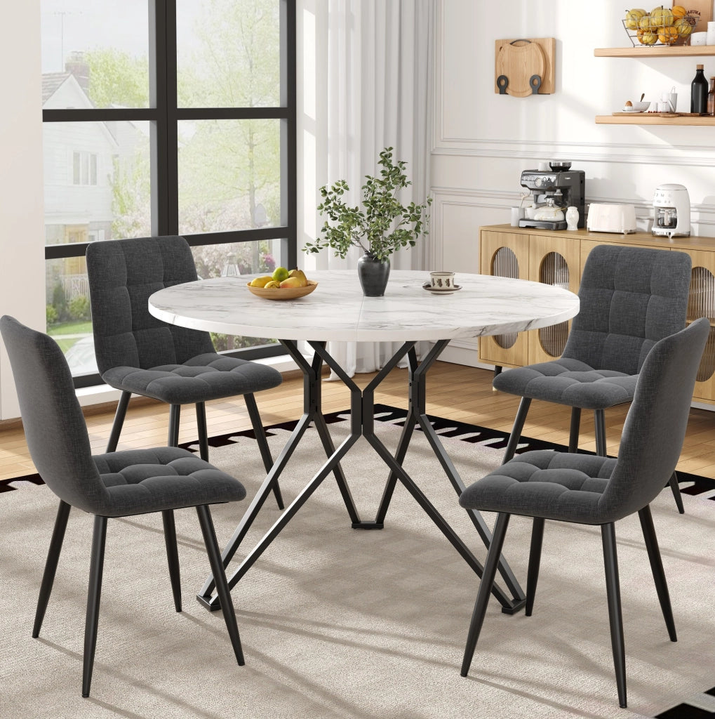 Set da pranzo 5 pezzi 100x100x76 cm con piano effetto marmo; gambe regolabili; MDF; lino; nero grigio