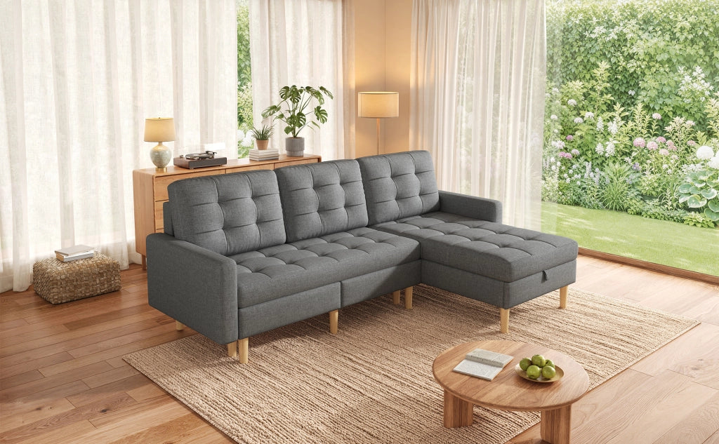 Divano angolare reversibile con chaise longue e doppio vano contenitore in tessuto grigio 212 × 130 × 86 cm