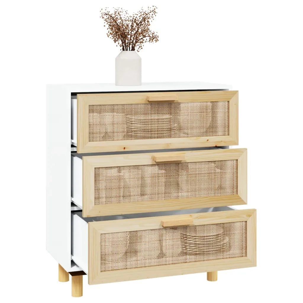 Credenza Bianca 60x30x70 cm Legno Massello Pino Rattan Naturale cod mxl 7714