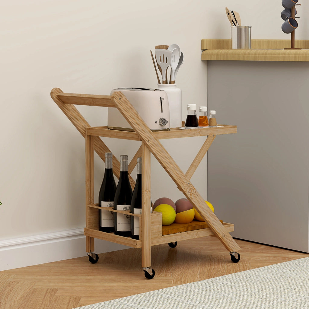 Carrello da Cucina Portavivande Pieghevole 66x40x70 cm a 2 Livelli con Portabottiglie in Legno di Bambù