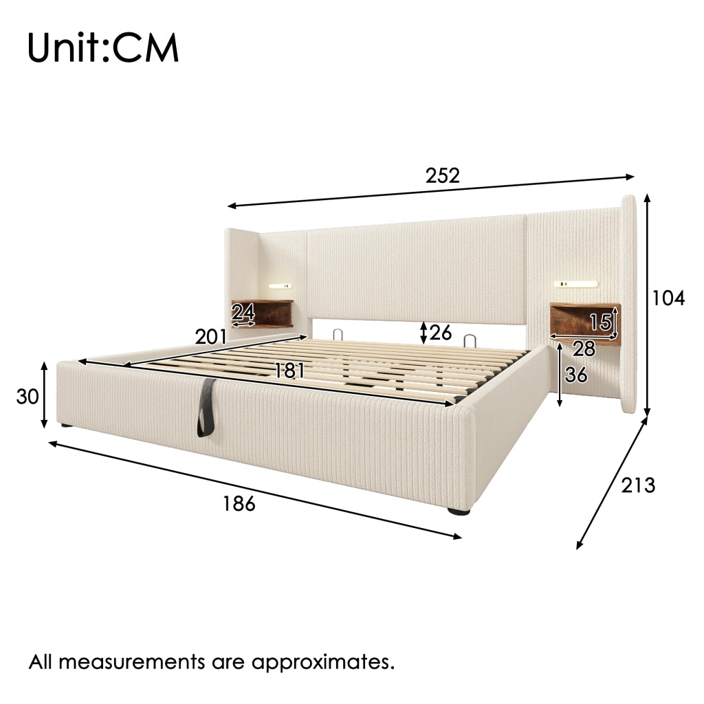 LETTO CONTENITORE 180x200 cm in corduroy beige-bianco con testiera multifunzione