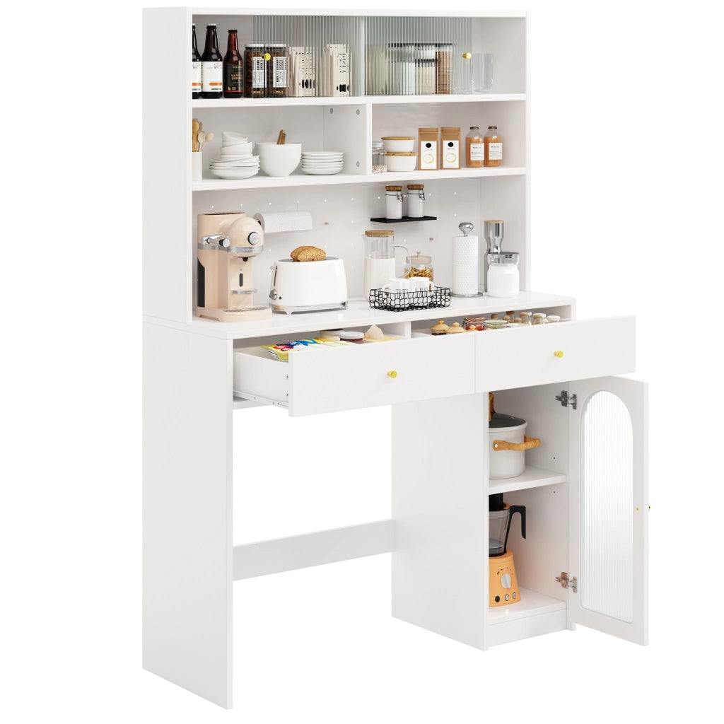 Credenza cucina 120x45x180 cm con piano di lavoro; ganci e 2 cassetti in MDF bianco