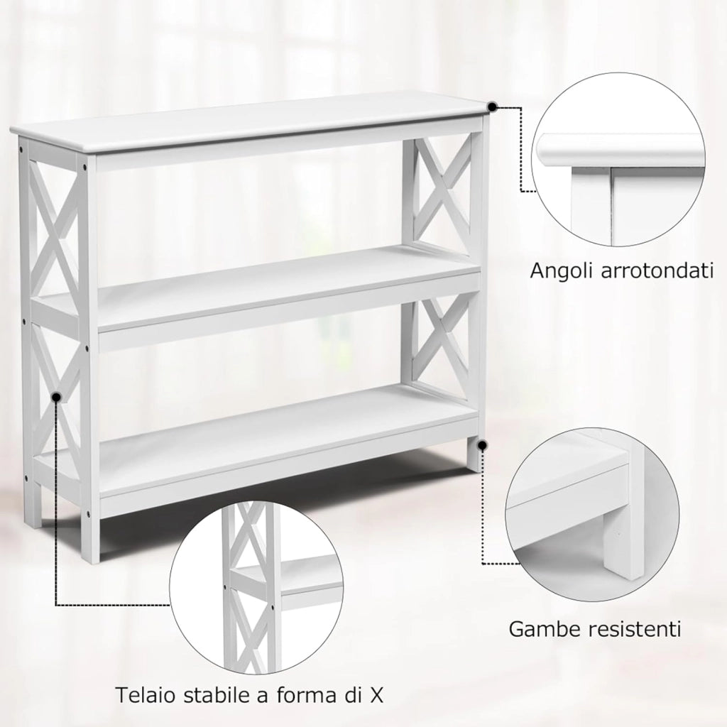 Tavolo Consolle a 2/3 Ripiani, Tavolo d’Ingresso in Legno, Mobile Multifunzionale per Soggiorno e Corridoio, 100 x 30 x 80cm, Portata Massima 30 kg (3 Ripiani, Bianco)