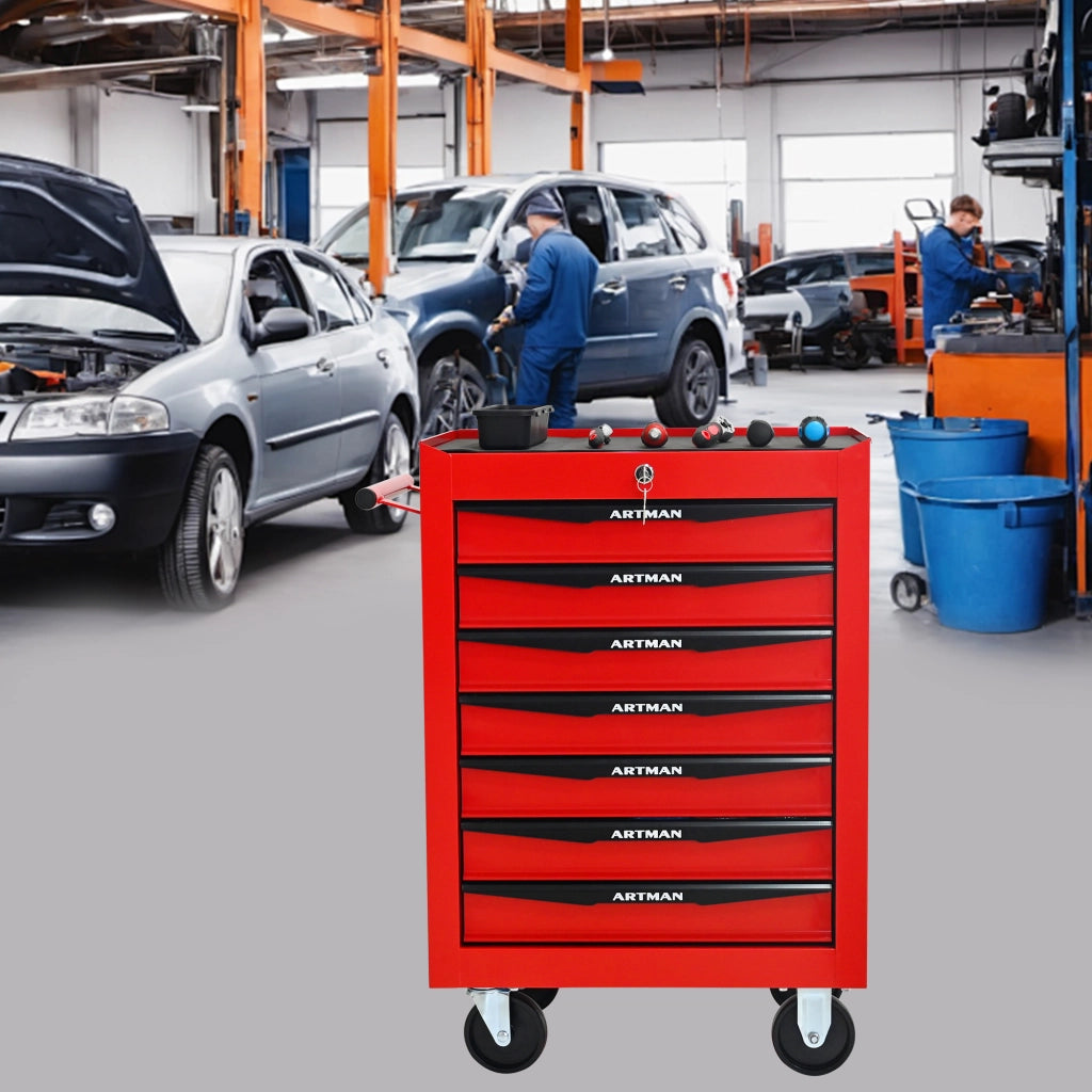 Carrello portautensili con 7 cassetti e chiusura, in acciaio, su ruote, per garage, rosso nero, 60 × 33 × 77,5 cm