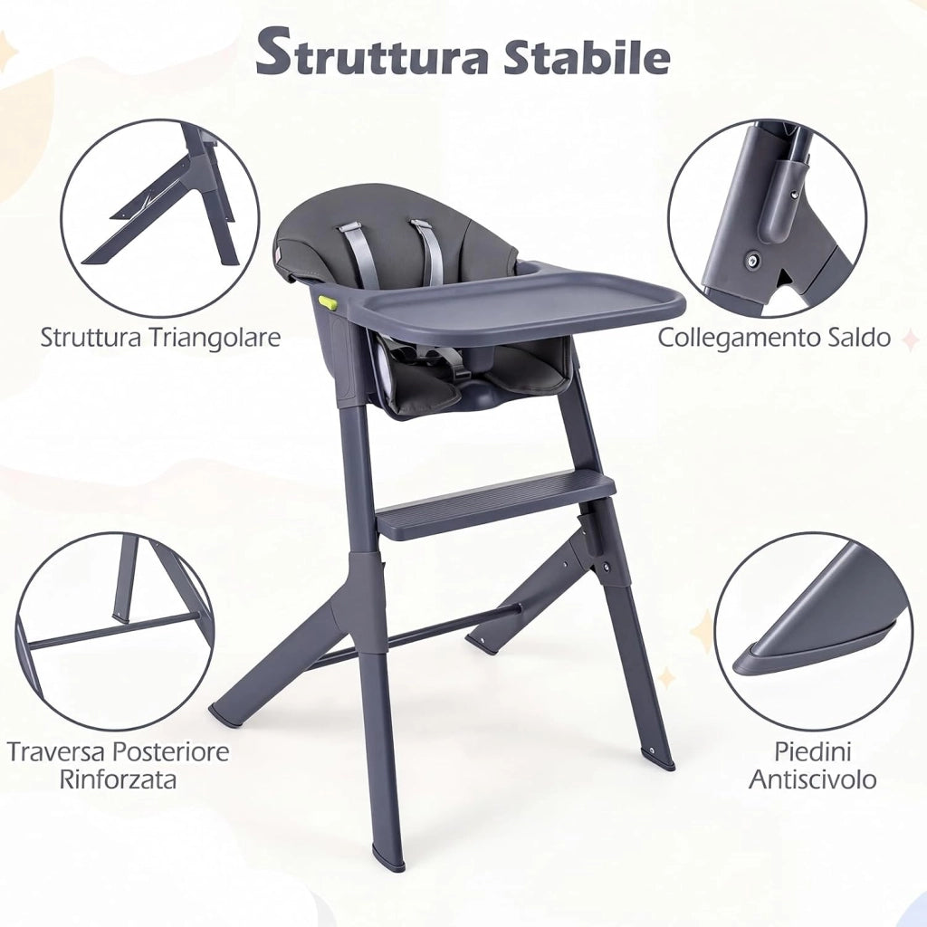 Seggiolone Pappa Evolutivo per Bambini 6-36 Mesi, Lavabile | Sedia Portatile con Vassoio Regolabile, Cuscino Imbottito e Cintura di Sicurezza, Telaio in Metallo, Portata 15 kg