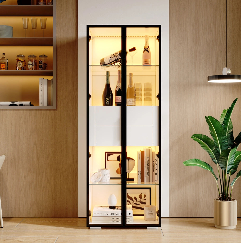 Vetrina bianca con LED, ante in vetro temperato e 2 cassetti