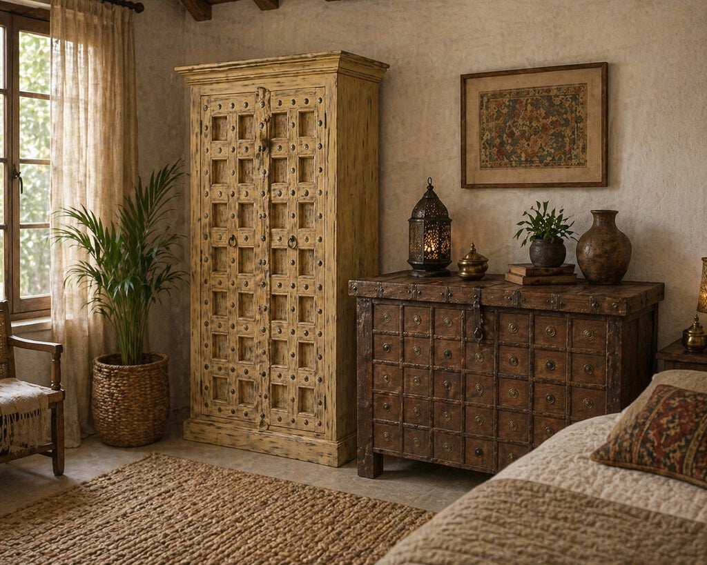 Armadio in legno con finitura artigianale marrone, 120x46x170h cm