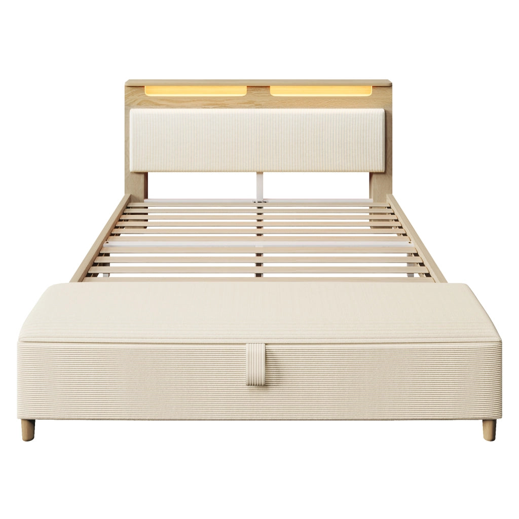 Letto matrimoniale 160x200 cm in legno con testiera LED, vano portaoggetti e panca contenitore beige