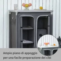Cucina da Campeggio Doppio Armadietto, 3 Mensole e Sacca di Trasporto, Telaio Alluminio 96Lx49.5Px104cm Grigio
