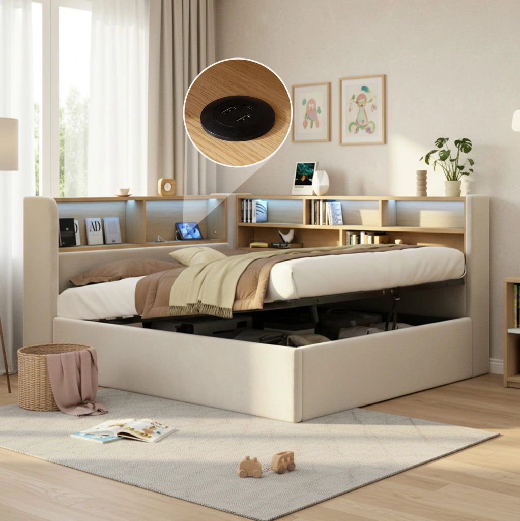 Letto daybed imbottito con contenitore idraulico; LED; USB e Type-C; velluto beige; 214;5x160x90 cm