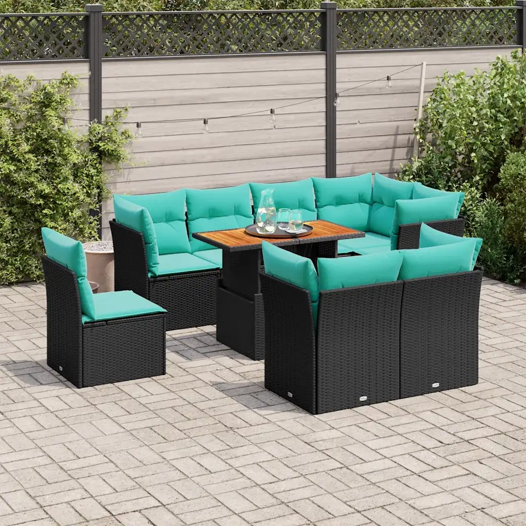 Set Divani da Giardino 9 pz con Cuscini Nero in Polyrattan