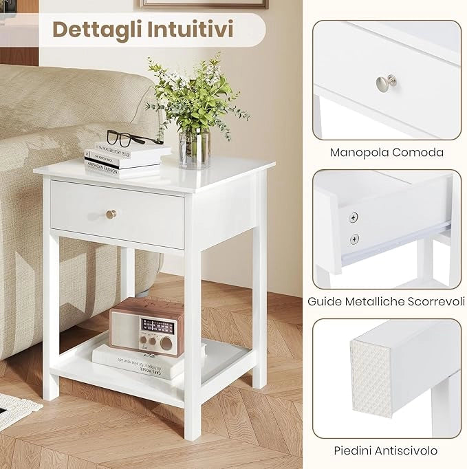 Comodino in Legno con Cassetto, Tavolino Laterale per Divano o Letto con Scaffale Aperto, Tavolino Compatto con Spazio di Archiviazione, Comò Salvaspazio per Camera da Letto