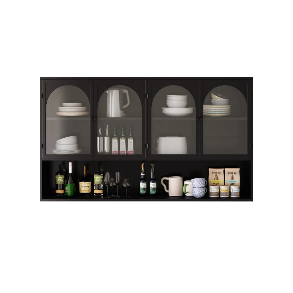 Mobile pensile con 4 ante in vetro e metallo per cucina e soggiorno nero 120 × 23 × 70 cm