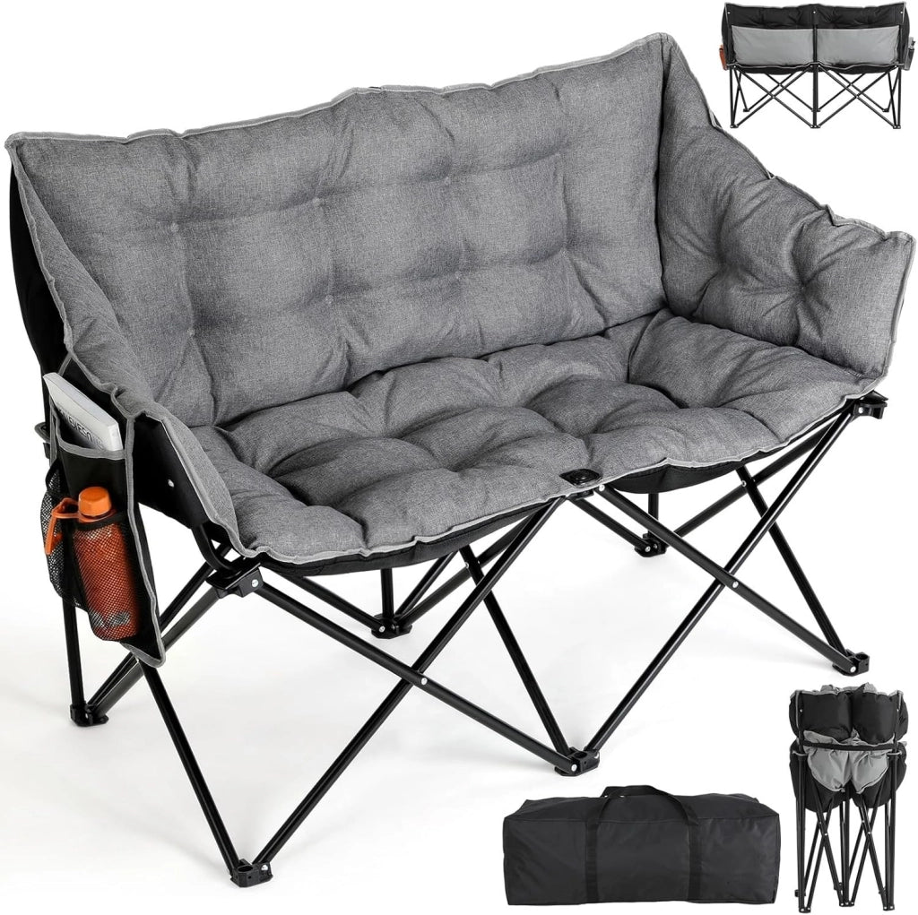 Sedia da Campeggio per 2 Persone, Divano da Campeggio Doppia 320KG, Sedia da Campo Portatile, con Tasca Laterale e posteriore, borsa per il trasporto, per Giardino, Spiaggia, Pesca, Grigio
