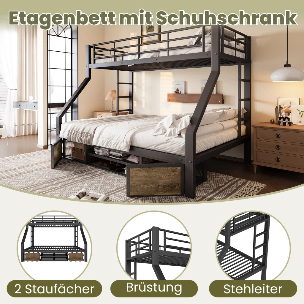 DESMIU Letto a castello per bambini 90 × 200 cm e 140 × 200 cm con scarpiera, vani, senza materasso, nero