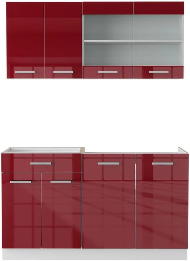 Cucina monoblocco R-Line, Rosso lucido, 140 cm senza piano di lavoro, adatto a spazi piccoli, espandibile in modo modulare