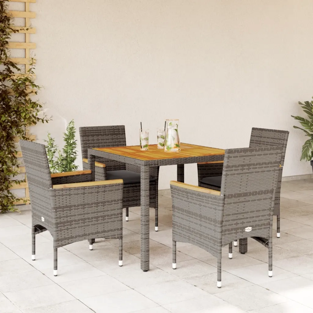 Set Pranzo Giardino 5 pz | Set Salotto da Giardino con Cuscini Grigio Polyrattan Acacia