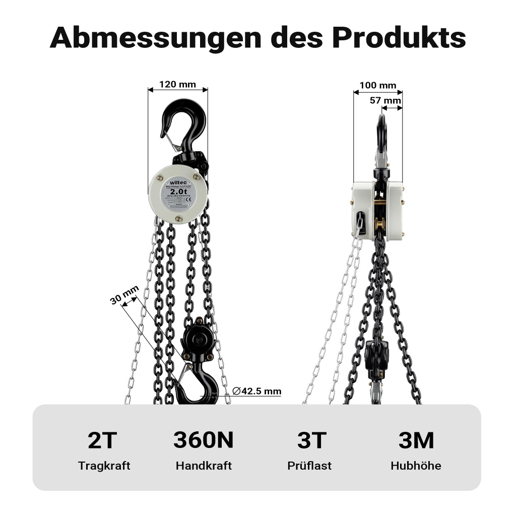 Mini paranco a catena manuale VSK-2, capacità di carico 2 t, altezza di sollevamento 3 m, per sollevare e abbassare carichi pesanti in officine, magazzini e cantieri, per impieghi gravosi