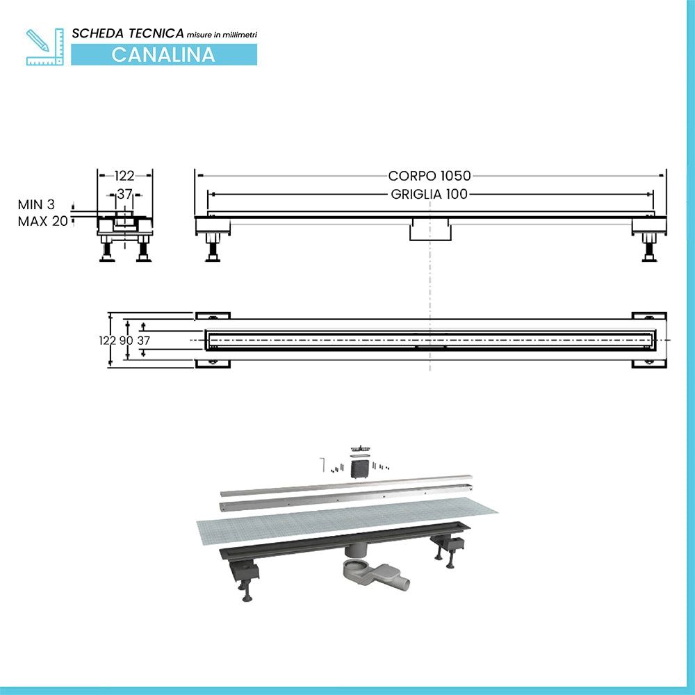 Canalina doccia 100 cm in alluminio reversibile scarico centrale, sifone e piletta inclusi